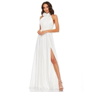 Mac Duggal, Rosette Halter Satin Evening Gown, White, Size 8 , NWT‎
